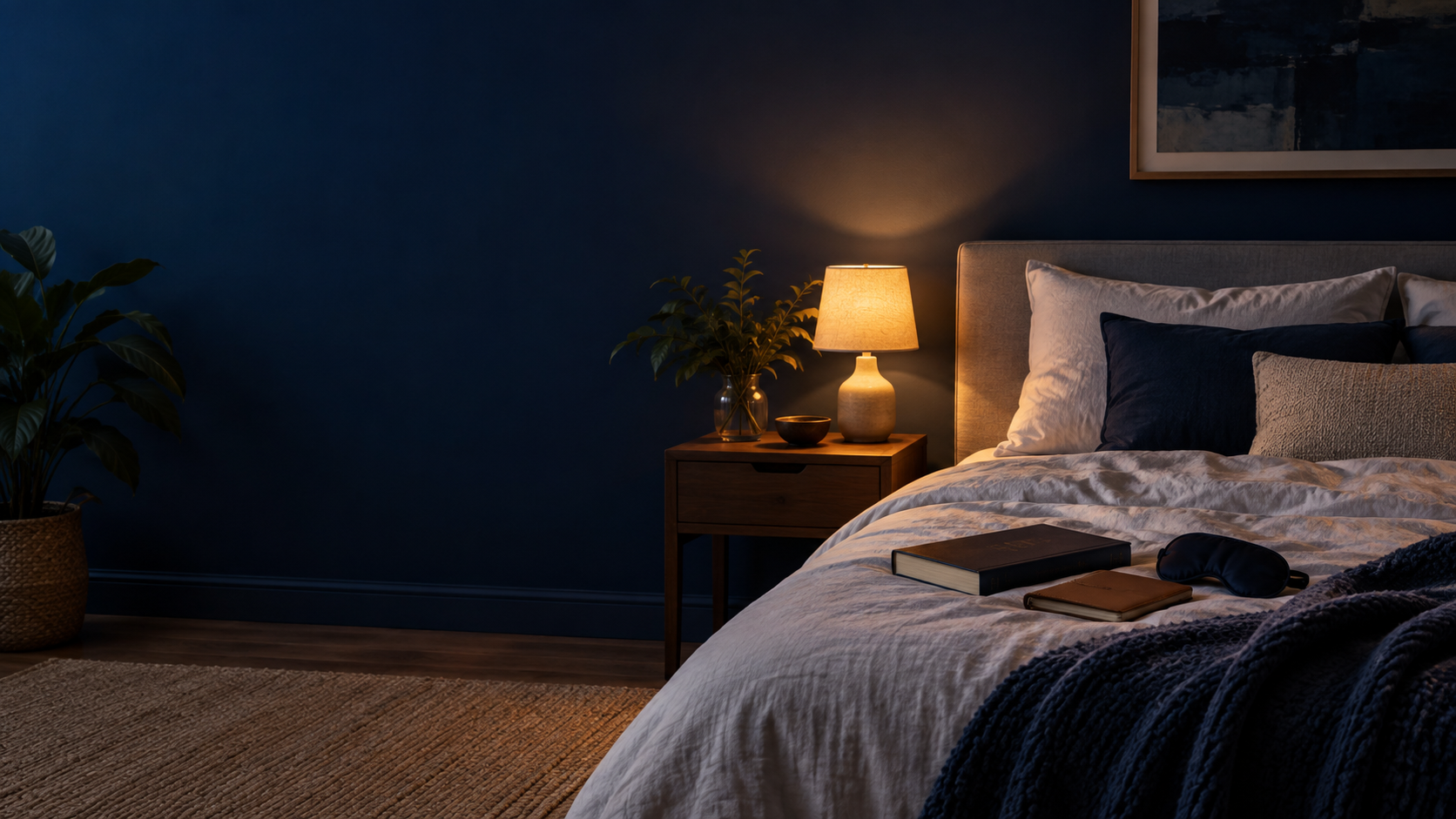 A quiet bedroom with warm bedside light, a notebook and a sleep mask